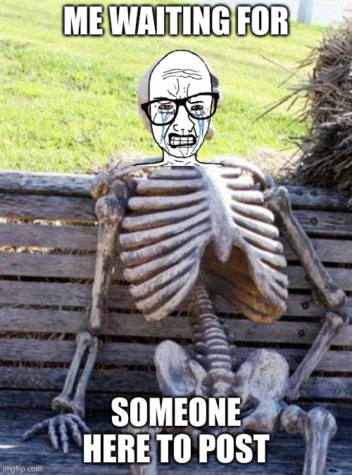 Waiting Skeleton | ME WAITING FOR; SOMEONE HERE TO POST | image tagged in memes,waiting skeleton | made w/ Imgflip meme maker