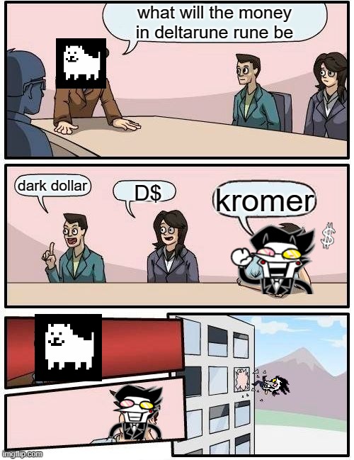 how dark dollar was made in deltarune | what will the money in deltarune rune be; dark dollar; D$; kromer | image tagged in memes,boardroom meeting suggestion,deltarune,spamton | made w/ Imgflip meme maker