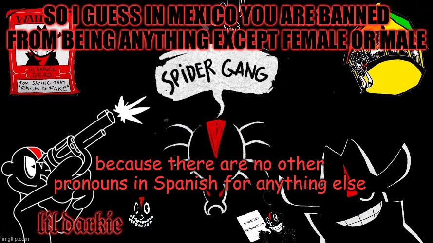 ayo | SO I GUESS IN MEXICO YOU ARE BANNED FROM BEING ANYTHING EXCEPT FEMALE OR MALE; because there are no other pronouns in Spanish for anything else | image tagged in ayo | made w/ Imgflip meme maker