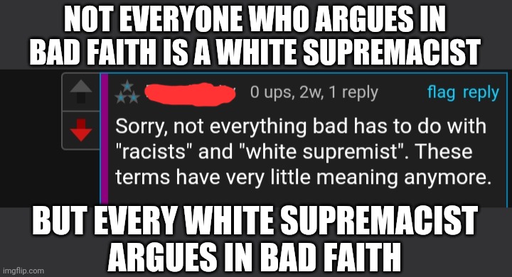 NOT EVERYONE WHO ARGUES IN BAD FAITH IS A WHITE SUPREMACIST; BUT EVERY WHITE SUPREMACIST
ARGUES IN BAD FAITH | image tagged in white supremacists,caught in the act,when you see it,it's that obvious | made w/ Imgflip meme maker