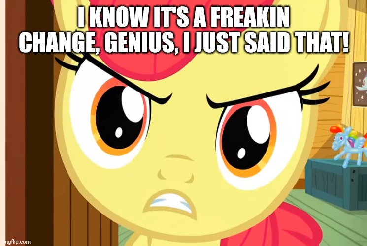 Apple Bloom is Pissed (MLP) | I KNOW IT'S A FREAKIN CHANGE, GENIUS, I JUST SAID THAT! | image tagged in apple bloom is pissed mlp | made w/ Imgflip meme maker