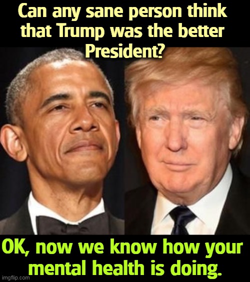 Obama wasn't perfect, but Trump is an open running sore. Trump Made America Garbage Again. | Can any sane person think 
that Trump was the better 
President? OK, now we know how your 
mental health is doing. | image tagged in obama trump,obama,smart,trump,incompetence | made w/ Imgflip meme maker