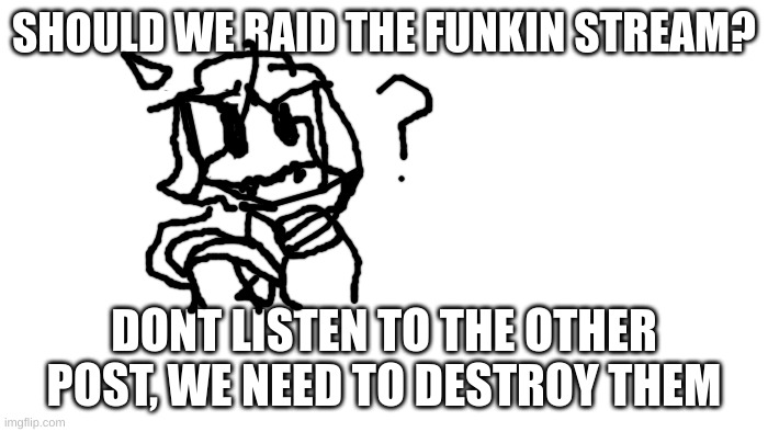 LETS RAID THE FUNKIN STREAM | SHOULD WE RAID THE FUNKIN STREAM? DONT LISTEN TO THE OTHER POST, WE NEED TO DESTROY THEM | image tagged in transparent | made w/ Imgflip meme maker