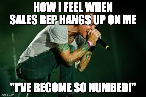Marketing Agency Feels | HOW I FEEL WHEN SALES REP HANGS UP ON ME; "I'VE BECOME SO NUMBED!" | image tagged in chester linkin park | made w/ Imgflip meme maker