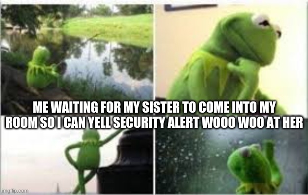 Waiting Kermit | ME WAITING FOR MY SISTER TO COME INTO MY ROOM SO I CAN YELL SECURITY ALERT WOOO WOO AT HER | image tagged in waiting kermit | made w/ Imgflip meme maker