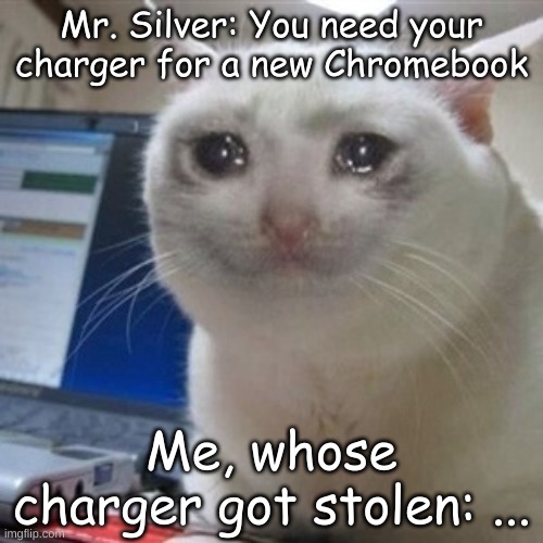 WHY JUST WHY | Mr. Silver: You need your charger for a new Chromebook; Me, whose charger got stolen: ... | image tagged in crying cat,school,unhelpful teacher,oh god why,chromebook | made w/ Imgflip meme maker