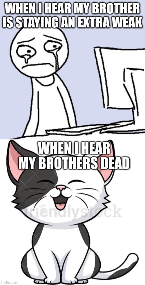 WHEN I HEAR MY BROTHER IS STAYING AN EXTRA WEAK; WHEN I HEAR MY BROTHERS DEAD | image tagged in crying computer reaction,yes my child my cat cartoon is now a templet | made w/ Imgflip meme maker