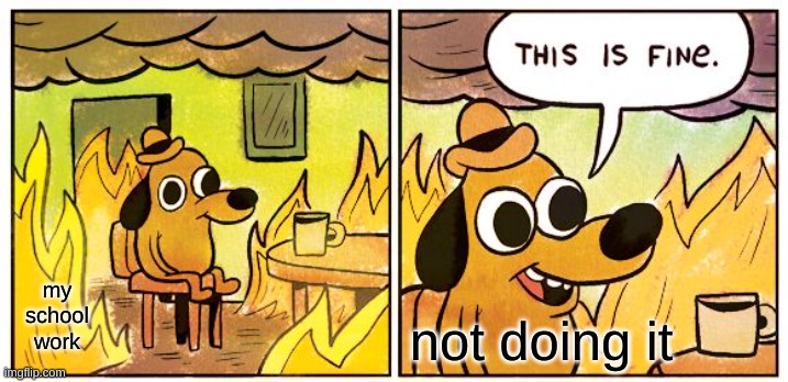 This Is Fine Meme | my school work; not doing it | image tagged in memes,this is fine | made w/ Imgflip meme maker
