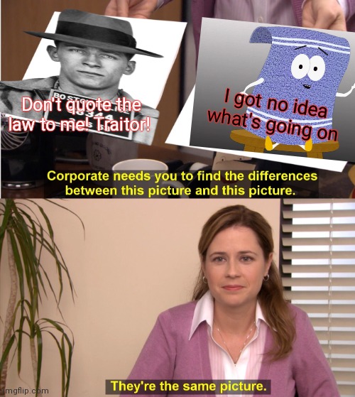 They're The Same Picture Meme | I got no idea what's going on Don't quote the law to me! Traitor! | image tagged in memes,they're the same picture | made w/ Imgflip meme maker