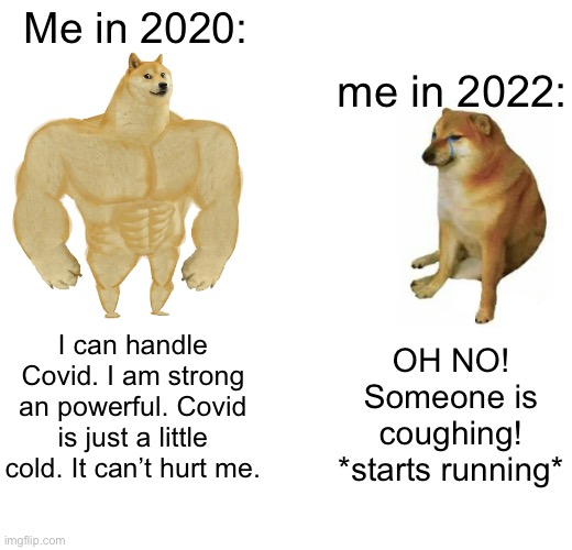 I’m not wrong tho… | Me in 2020:; me in 2022:; I can handle Covid. I am strong an powerful. Covid is just a little cold. It can’t hurt me. OH NO! Someone is coughing! *starts running* | image tagged in memes,buff doge vs cheems,doge,lol,covid,funny | made w/ Imgflip meme maker