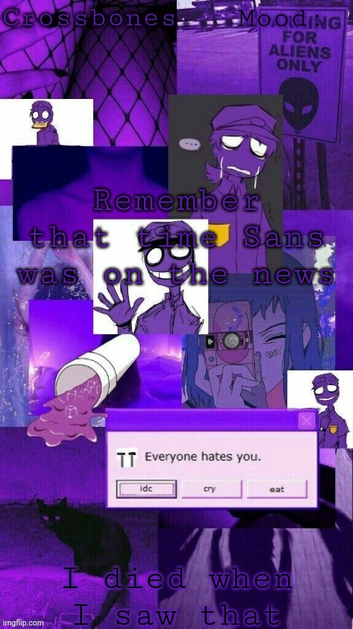 Crossbones purple guy temp | Remember that time Sans was on the news; I died when I saw that | image tagged in crossbones purple guy temp | made w/ Imgflip meme maker