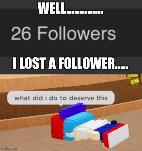 *slams keyboard* | WELL.............. I LOST A FOLLOWER..... | image tagged in what did i do to deserve this | made w/ Imgflip meme maker