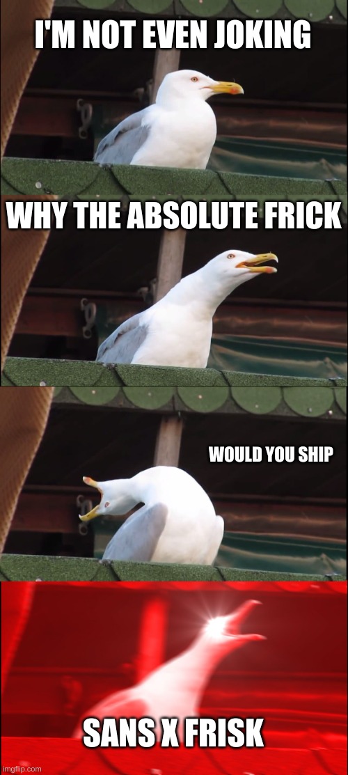 listen up you toxic poop freckles | I'M NOT EVEN JOKING; WHY THE ABSOLUTE FRICK; WOULD YOU SHIP; SANS X FRISK | image tagged in memes,inhaling seagull | made w/ Imgflip meme maker