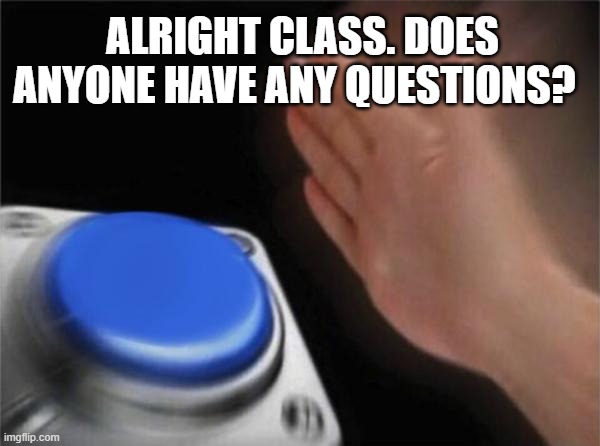 Blank Nut Button Meme | ALRIGHT CLASS. DOES ANYONE HAVE ANY QUESTIONS? | image tagged in memes,blank nut button | made w/ Imgflip meme maker