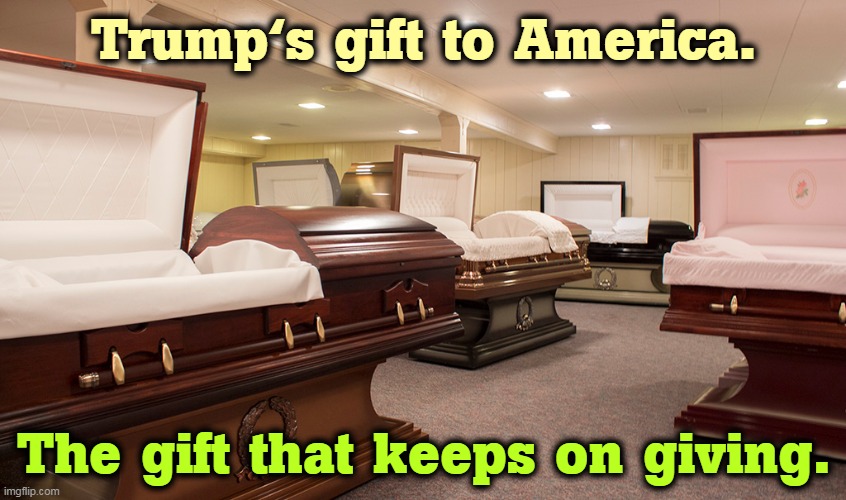 The end of the line for anti-vaxxers - coffin, funeral | Trump's gift to America. The gift that keeps on giving. | image tagged in the end of the line for anti-vaxxers - coffin funeral,trump,gift,covid-19,million,dead | made w/ Imgflip meme maker