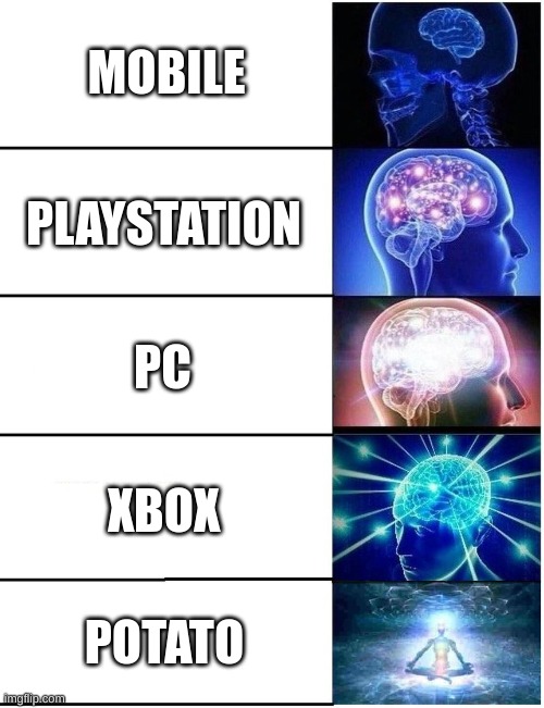 Expanding Brain 5 Panel | MOBILE PLAYSTATION PC XBOX POTATO | image tagged in expanding brain 5 panel | made w/ Imgflip meme maker