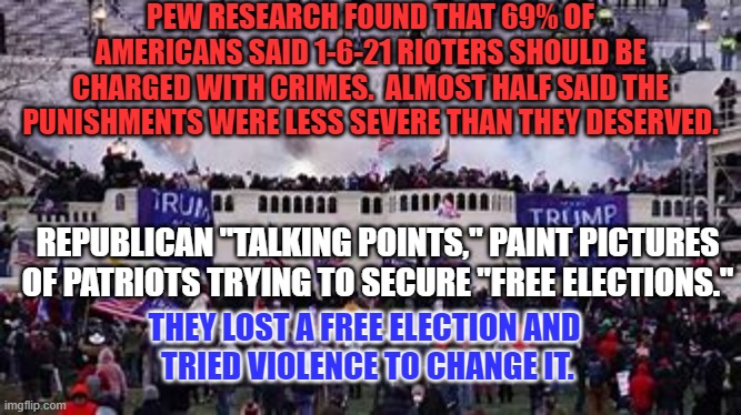 January 6th, An Anniversary of Shame. | PEW RESEARCH FOUND THAT 69% OF AMERICANS SAID 1-6-21 RIOTERS SHOULD BE CHARGED WITH CRIMES.  ALMOST HALF SAID THE PUNISHMENTS WERE LESS SEVERE THAN THEY DESERVED. REPUBLICAN "TALKING POINTS," PAINT PICTURES OF PATRIOTS TRYING TO SECURE "FREE ELECTIONS."; THEY LOST A FREE ELECTION AND
 TRIED VIOLENCE TO CHANGE IT. | image tagged in politics | made w/ Imgflip meme maker
