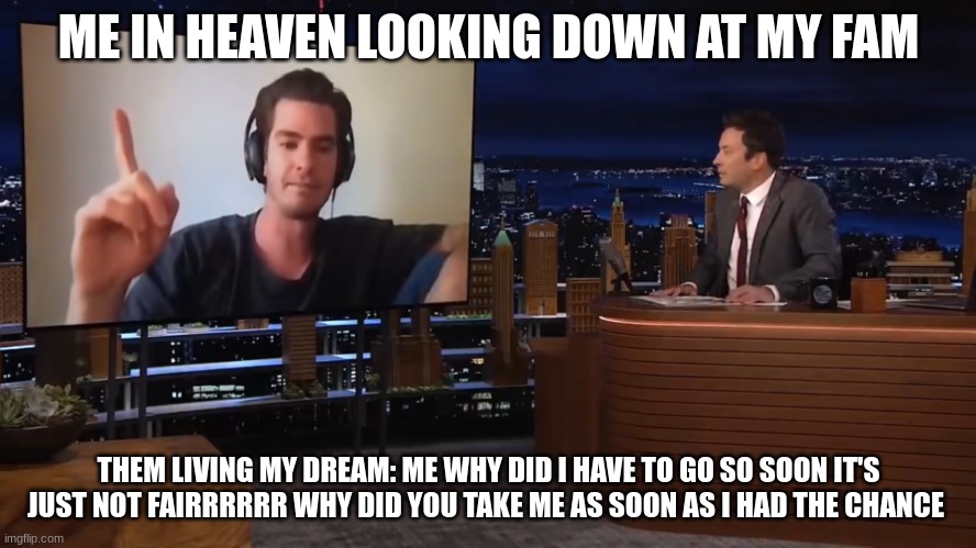 why did you take me so... soon | ME IN HEAVEN LOOKING DOWN AT MY FAM; THEM LIVING MY DREAM: ME WHY DID I HAVE TO GO SO SOON IT'S JUST NOT FAIRRRRRR WHY DID YOU TAKE ME AS SOON AS I HAD THE CHANCE | image tagged in why,sad,what if you wanted to go to heaven | made w/ Imgflip meme maker