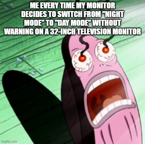 Monitor-eyes | ME EVERY TIME MY MONITOR DECIDES TO SWITCH FROM "NIGHT MODE" TO "DAY MODE" WITHOUT WARNING ON A 32-INCH TELEVISION MONITOR | image tagged in burning eyes | made w/ Imgflip meme maker