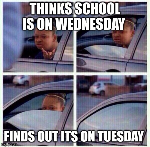 school | THINKS SCHOOL IS ON WEDNESDAY; FINDS OUT ITS ON TUESDAY | image tagged in black girl wat car | made w/ Imgflip meme maker