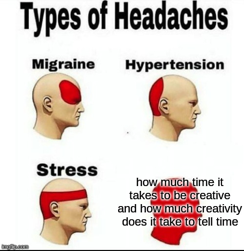 only dhmis fans will understand T^T | how much time it takes to be creative and how much creativity does it take to tell time | image tagged in types of headaches meme | made w/ Imgflip meme maker