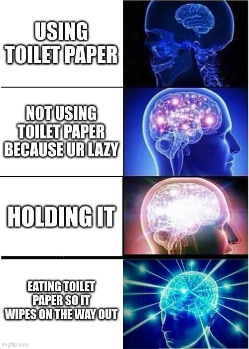 ∞ IQ | USING TOILET PAPER; NOT USING TOILET PAPER BECAUSE UR LAZY; HOLDING IT; EATING TOILET PAPER SO IT WIPES ON THE WAY OUT | image tagged in memes,expanding brain | made w/ Imgflip meme maker