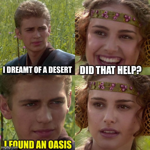 Anakin Padme 4 Panel | I DREAMT OF A DESERT DID THAT HELP? I FOUND AN OASIS | image tagged in anakin padme 4 panel | made w/ Imgflip meme maker
