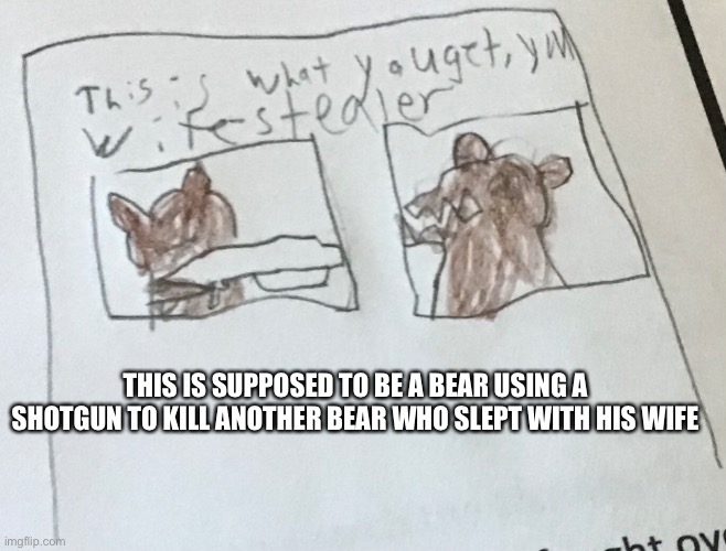 THIS IS SUPPOSED TO BE A BEAR USING A SHOTGUN TO KILL ANOTHER BEAR WHO SLEPT WITH HIS WIFE | made w/ Imgflip meme maker