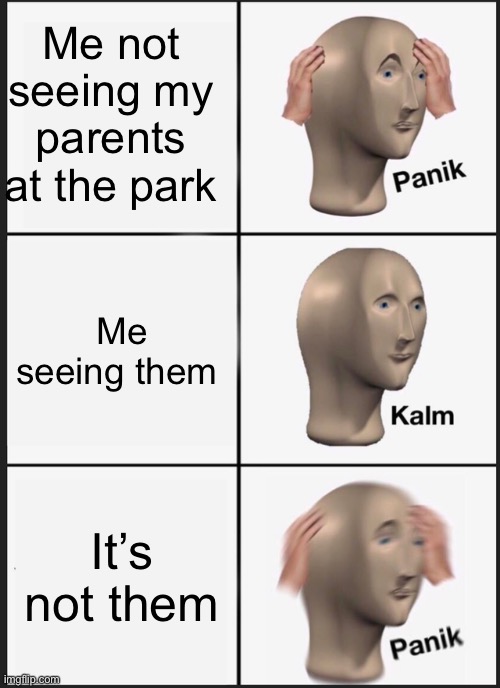 Panik Kalm Panik | Me not seeing my parents at the park; Me seeing them; It’s not them | image tagged in memes,panik kalm panik | made w/ Imgflip meme maker