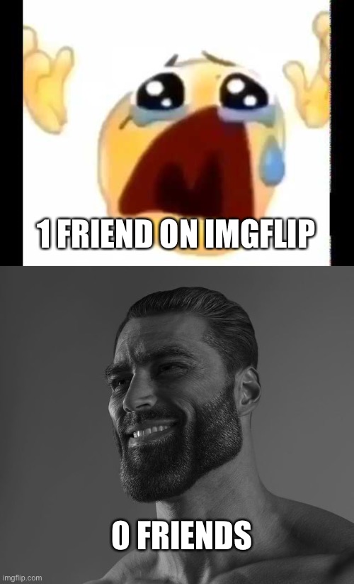 0 FRIENDS 1 FRIEND ON IMGFLIP | image tagged in cursed crying emoji,giga chad | made w/ Imgflip meme maker
