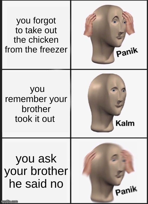 Panik Kalm Panik | you forgot to take out the chicken from the freezer; you remember your brother took it out; you ask your brother he said no | image tagged in memes,panik kalm panik | made w/ Imgflip meme maker