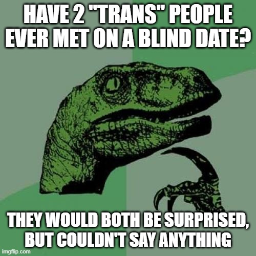 Philosoraptor | HAVE 2 "TRANS" PEOPLE EVER MET ON A BLIND DATE? THEY WOULD BOTH BE SURPRISED, BUT COULDN'T SAY ANYTHING | image tagged in memes,philosoraptor | made w/ Imgflip meme maker