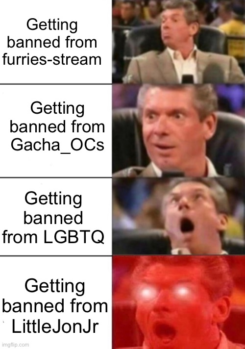 Hype guy | Getting banned from furries-stream; Getting banned from Gacha_OCs; Getting banned from LGBTQ; Getting banned from LittleJonJr | image tagged in hype guy | made w/ Imgflip meme maker