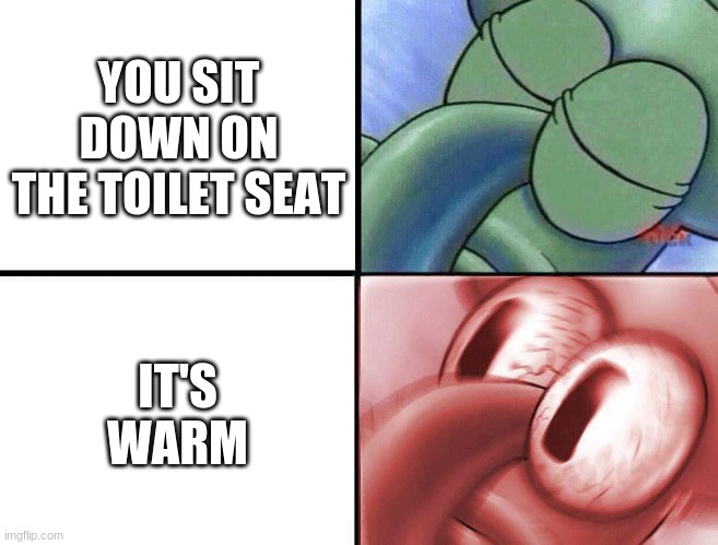 relatable | YOU SIT DOWN ON THE TOILET SEAT; IT'S WARM | image tagged in sleeping squidward,relatable | made w/ Imgflip meme maker