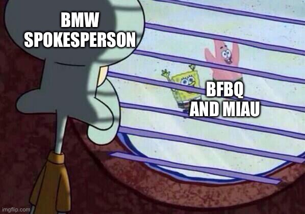 Squidward window | BMW SPOKESPERSON; BFBQ AND MIAU | image tagged in squidward window | made w/ Imgflip meme maker