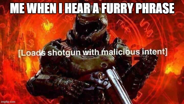 Loads shotgun with malicious intent | ME WHEN I HEAR A FURRY PHRASE | image tagged in loads shotgun with malicious intent | made w/ Imgflip meme maker