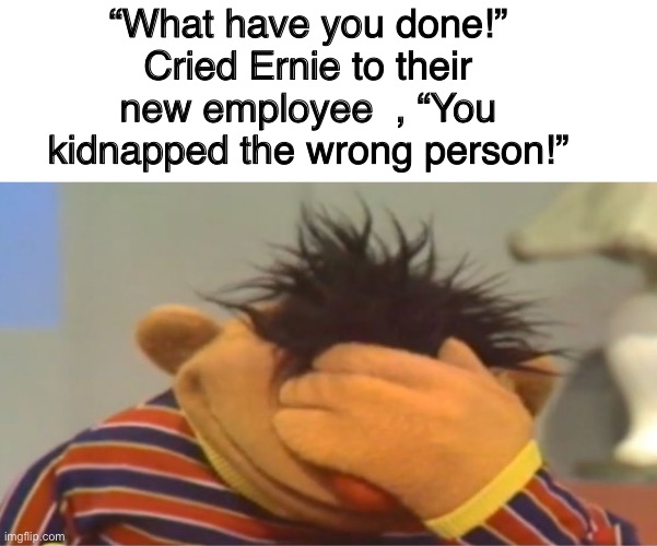 He did it wrong again! | “What have you done!” Cried Ernie to their new employee  , “You kidnapped the wrong person!” | image tagged in ernie pissed,ernie,funny,dark | made w/ Imgflip meme maker