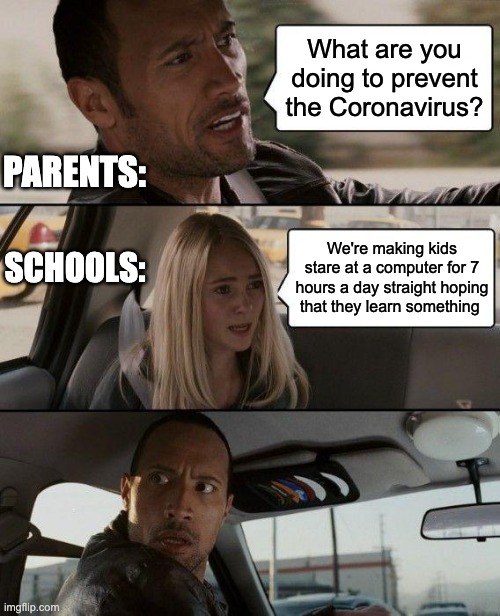 just why | What are you doing to prevent the Coronavirus? PARENTS:; SCHOOLS:; We're making kids stare at a computer for 7 hours a day straight hoping that they learn something | image tagged in memes,the rock driving | made w/ Imgflip meme maker