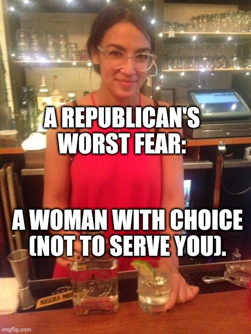 ALEXANDRIA OCASIO-CORTEZ | A REPUBLICAN'S WORST FEAR:; A WOMAN WITH CHOICE (NOT TO SERVE YOU). | image tagged in alexandria ocasio-cortez | made w/ Imgflip meme maker