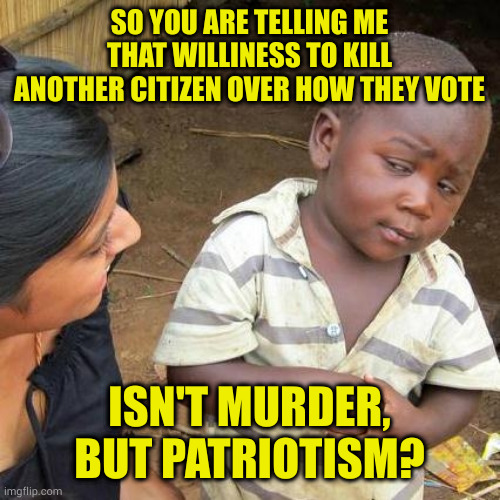 It's not murder silly, it's just domestic terrorism. You know, because it's easier than winning the popular vote | SO YOU ARE TELLING ME THAT WILLINESS TO KILL ANOTHER CITIZEN OVER HOW THEY VOTE; ISN'T MURDER, BUT PATRIOTISM? | image tagged in memes,third world skeptical kid,terrorism is not patriotism | made w/ Imgflip meme maker