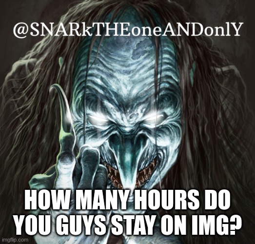 if it even is hours | HOW MANY HOURS DO YOU GUYS STAY ON IMG? | image tagged in snarktheonrandonly | made w/ Imgflip meme maker