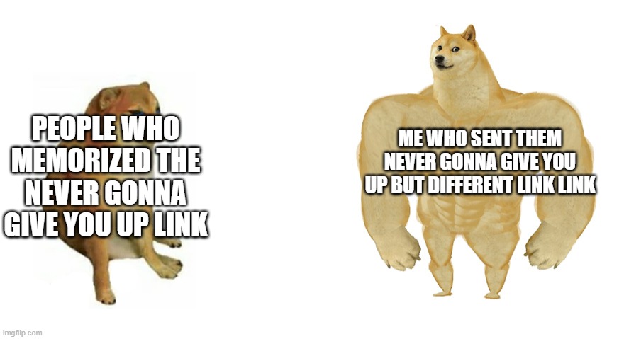 yes | ME WHO SENT THEM NEVER GONNA GIVE YOU UP BUT DIFFERENT LINK LINK; PEOPLE WHO MEMORIZED THE NEVER GONNA GIVE YOU UP LINK | image tagged in swole doge vs cheems flipped | made w/ Imgflip meme maker