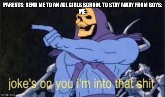 gay for life :) | PARENTS: SEND ME TO AN ALL GIRLS SCHOOL TO STAY AWAY FROM BOYS:

ME: | image tagged in jokes on you im into that shit | made w/ Imgflip meme maker