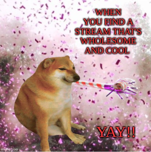 How many can relate | WHEN YOU FIND A STREAM THAT'S WHOLESOME AND COOL; YAY!! | image tagged in cheems party,yessir,awesome,memes,so true | made w/ Imgflip meme maker