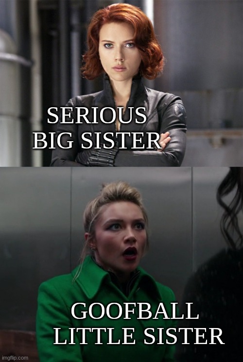 SERIOUS BIG SISTER GOOFBALL 
LITTLE SISTER | image tagged in black widow - not impressed,yelena what was that | made w/ Imgflip meme maker