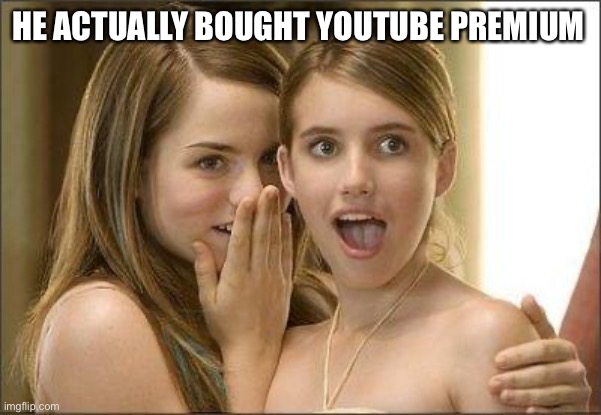 SOMEONE CALL NAT GEO | HE ACTUALLY BOUGHT YOUTUBE PREMIUM | image tagged in girls gossiping | made w/ Imgflip meme maker