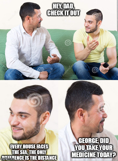 Going offline, gn | HEY, DAD, CHECK IT OUT; EVERY HOUSE FACES THE SEA, THE ONLY DIFFERENCE IS THE DISTANCE; GEORGE, DID YOU TAKE YOUR MEDICINE TODAY? | image tagged in memes | made w/ Imgflip meme maker