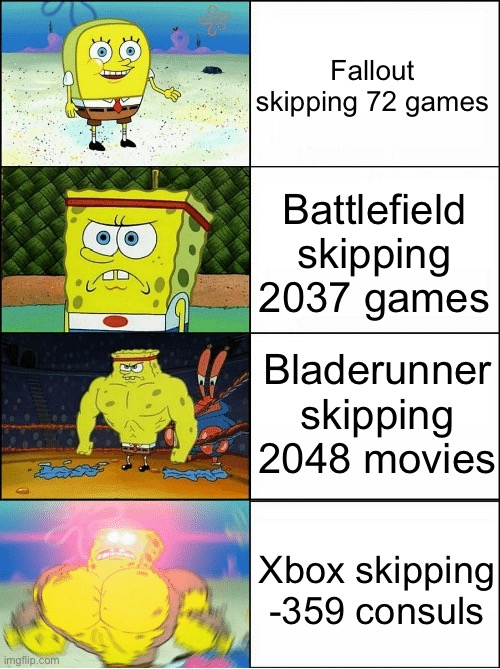 Sponge Finna Commit Muder | Fallout skipping 72 games; Battlefield skipping 2037 games; Bladerunner skipping 2048 movies; Xbox skipping -359 consuls | image tagged in sponge finna commit muder | made w/ Imgflip meme maker