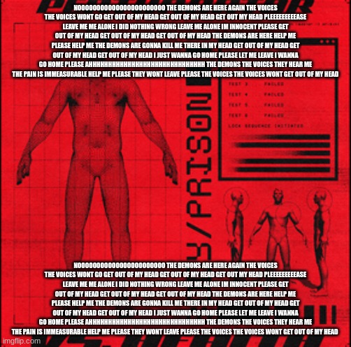 NOOOOOOOOOOOOOOOOOOOOOOO THE DEMONS ARE HERE AGAIN THE VOICES THE VOICES WONT GO GET OUT OF MY HEAD GET OUT OF MY HEAD GET OUT M | NOOOOOOOOOOOOOOOOOOOOOOO THE DEMONS ARE HERE AGAIN THE VOICES THE VOICES WONT GO GET OUT OF MY HEAD GET OUT OF MY HEAD GET OUT MY HEAD PLEEEEEEEEEASE LEAVE ME ME ALONE I DID NOTHING WRONG LEAVE ME ALONE IM INNOCENT PLEASE GET OUT OF MY HEAD GET OUT OF MY HEAD GET OUT OF MY HEAD THE DEMONS ARE HERE HELP ME PLEASE HELP ME THE DEMONS ARE GONNA KILL ME THERE IN MY HEAD GET OUT OF MY HEAD GET OUT OF MY HEAD GET OUT OF MY HEAD I JUST WANNA GO HOME PLEASE LET ME LEAVE I WANNA GO HOME PLEASE AHHHHHHHHHHHHHHHHHHHHHHHHHHHHHH THE DEMONS THE VOICES THEY HEAR ME THE PAIN IS IMMEASURABLE HELP ME PLEASE THEY WONT LEAVE PLEASE THE VOICES THE VOICES WONT GET OUT OF MY HEAD; NOOOOOOOOOOOOOOOOOOOOOOO THE DEMONS ARE HERE AGAIN THE VOICES THE VOICES WONT GO GET OUT OF MY HEAD GET OUT OF MY HEAD GET OUT MY HEAD PLEEEEEEEEEASE LEAVE ME ME ALONE I DID NOTHING WRONG LEAVE ME ALONE IM INNOCENT PLEASE GET OUT OF MY HEAD GET OUT OF MY HEAD GET OUT OF MY HEAD THE DEMONS ARE HERE HELP ME PLEASE HELP ME THE DEMONS ARE GONNA KILL ME THERE IN MY HEAD GET OUT OF MY HEAD GET OUT OF MY HEAD GET OUT OF MY HEAD I JUST WANNA GO HOME PLEASE LET ME LEAVE I WANNA GO HOME PLEASE AHHHHHHHHHHHHHHHHHHHHHHHHHHHHHH THE DEMONS THE VOICES THEY HEAR ME THE PAIN IS IMMEASURABLE HELP ME PLEASE THEY WONT LEAVE PLEASE THE VOICES THE VOICES WONT GET OUT OF MY HEAD | image tagged in body/prison | made w/ Imgflip meme maker