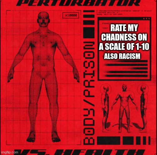 one singular word racism | RATE MY CHADNESS ON A SCALE OF 1-10; ALSO RACISM | image tagged in body/prison | made w/ Imgflip meme maker
